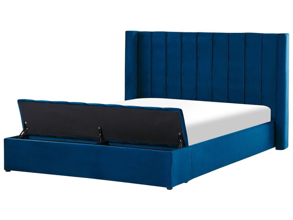 Beliani Zamatová posteľ s úložným priestorom 180 x 200 cm modrá NOYERS